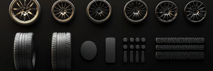 Poster - Various car tires, rims, and brake pads are meticulously arranged on a dark surface, offering clear space for additional text or branding. Generative AI