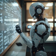 Aufkleber - an AI robot on the front of empty classroom with whiteboard behind him full of equation.