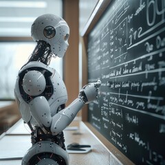 Poster - an AI robot on the front of empty classroom with whiteboard behind him full of equation.