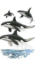 Wall Mural - orca whales leaping from ocean water.