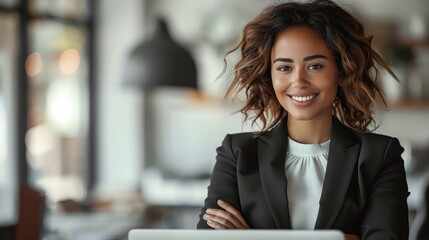 Poster - Businesswoman with crossed arms, smiling confidently in modern office.