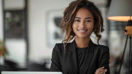 Canvas Print - Businesswoman with crossed arms, smiling confidently in modern office.