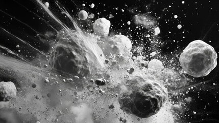 grayscale celestial collision; rocks, dust, debris.