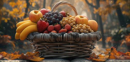 Canvas Print - A fruit basket is placed on a stone bench by the roadside, with bananas, apples, and strawberries inside the basket.