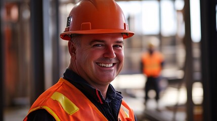 Poster - A smiling construction worker in an orange hard hat and safety vest stands on-site, showcasing professionalism and a positive work environment.