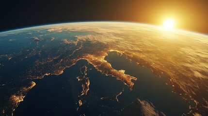 Wall Mural - Ultra detailed, photorealistic view of Earth from space at dawn