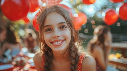 Wall Mural - A girl at the outdoor red birthday party.