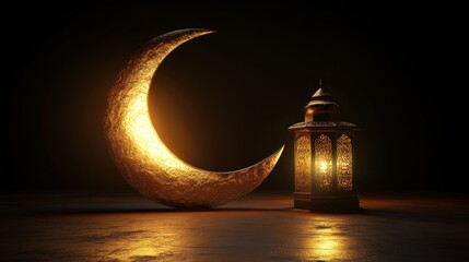 Poster - Glowing Crescent Moon and Ornate Lantern: A Ramadan Night Scene