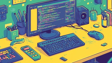 Colorful computer desk, coding screen, vibrant office setup, fun and modern workstation, tech vibes, programmer workspace