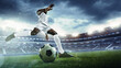 © master1305 - Low angle view of soccer player in white in motion on field, taking control of match. 3D render of open air arena. Dynamic evening match. Concept of sport, tournament, competition, game event