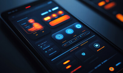 Wall Mural - Modern smartphone app interface glowing futuristic technology digital screen display interface dashboard data information mobile phone close up detail dark background graphic design user experience