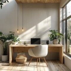 Poster - A modern home office, designed with minimalistic style. A sleek wooden desk with a laptop, ergonomic chair, and houseplants placed neatly around the room.
