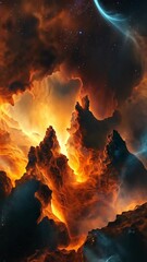 Wall Mural - Majestic cosmic landscape with fiery clouds and rocky formations illuminated by starlight