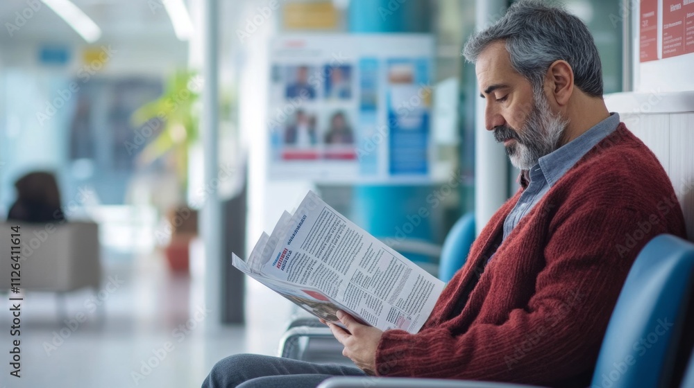 Patient Reading Health Pamphlet in Waiting Area of Medical Facility ...