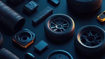 Fototapete - Various car tires, rims, and brake pads are arranged artistically on a dark background, creating a visually striking display with copy space. Generative AI