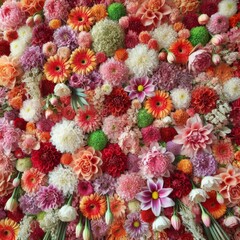 Flowers wall background with amazing red,orange,pink,purple,green and white chrysanthemum flowers ,Wedding decoration, hand made Beautiful flower wall background
