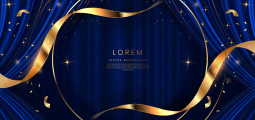 Wall Mural - blue curtain background. golden confetti banner and ribbon background.