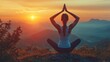 © liliyabatyrova - On a serene hilltop, a woman engages in yoga, her silhouette framed by the warm hues of sunrise. The breathtaking landscape evokes peace and connection to nature