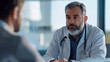© mahamad - A middle-aged bearded patient consulting with a highly skilled physician in a modern office, discussing diagnosis and treatment options.