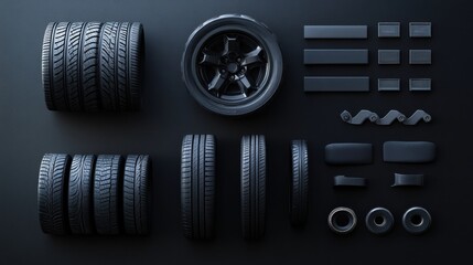 Fototapete - Different types of car tires, rims, and brake pads are neatly arranged on a dark background, creating a striking visual for automotive enthusiasts. Generative AI