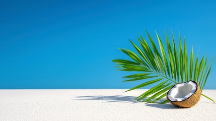 Tropical relaxation scenecoconut and palm leaf on white sand beach sunny day calm atmosphere ocean view for serenity