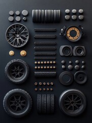 Fototapete - Various car tires, rims, and brake pads are neatly arranged on a dark background, providing ample space for additional text or graphics. Generative AI