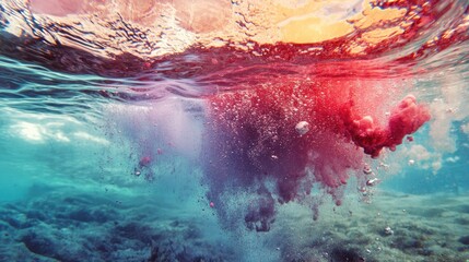 Wall Mural - red ink swirl in clear water creating vibrant underwater texture with bubbles and colorful abstract 