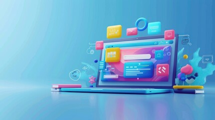 A computer screen surrounded by an assortment of vibrant and colorful objects, An abstract representation of coding environment