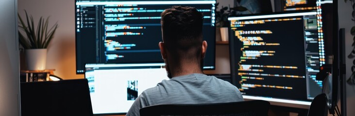 Software developer and a man at computer for coding script or cyber security in office.