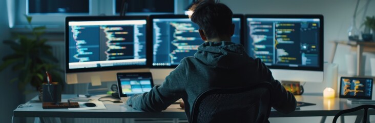Software developer and a man at computer for coding script or cyber security in office.