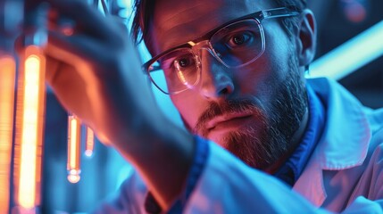 Poster - Engineer holding a microchip under bright tech-themed lighting.