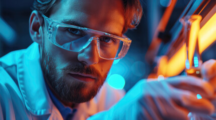 Poster - Engineer holding a microchip under bright tech-themed lighting.