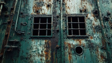 Grunge rusted metal texture with oxidized surfaces and aged iron panel featuring windows and unique weathered details