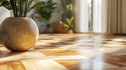 Canvas Print - Laminate flooring close up with decorative plant in modern interior showcasing warmth and natural light in an inviting living space.