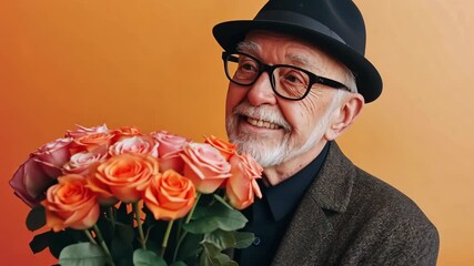 Wall Mural - A man wearing a hat and glasses is holding a bouquet of flowers