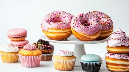 Wall Mural - Colorful assortment of glazed donuts cupcakes and macarons arranged on a cake stand over a bright white background