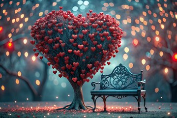 Poster - A beautiful fantasy heart-shaped tree shining among the trees in the park and a bench for lovers on a fabulous background in the bokeh style.