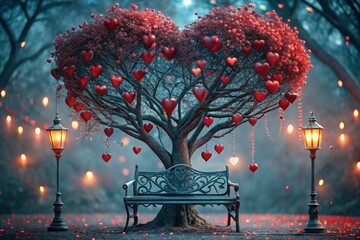 Wall Mural - A beautiful fantasy heart-shaped tree shining among the trees in the park and a bench for lovers on a fabulous background in the bokeh style.