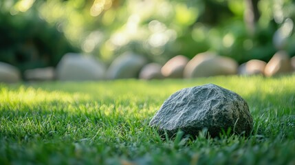 Canvas Print - defocused view of a textured stone on lush green grass in a serene garden setting with blurred background elements