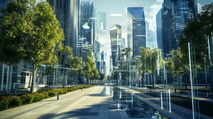 Canvas Print - Modern city street, trees, glass buildings, futuristic overlay.