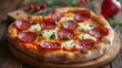 © Creative Hut - Pizza with pepperoni, mozzarella, and basil on a wooden background. generated by AI