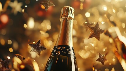 Champagne bottle with confetti stars, holiday decoration and party streamers on gold festive background. Christmas, birthday or wedding concept. Flat lay