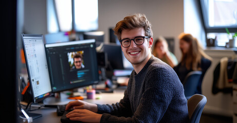 Smiling man working on computer at a modern office. Creative workspace with colleagues in background. Technology and teamwork concept