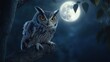 © rejeki - Owl perched on branch at night under full moon.