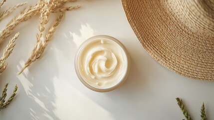 Cream jar with wheat and hat, summer skincare concept