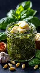 Wall Mural - clear glass jar filled traditional pesto alla genovese highlights its vibrant green color and chunky texture.