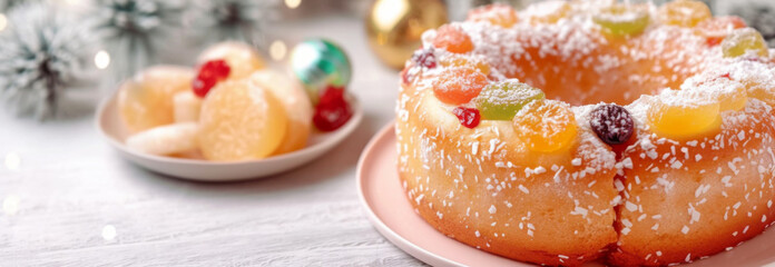 Three kings holiday festive fruitcake topped with colorful candied fruits on a table, background