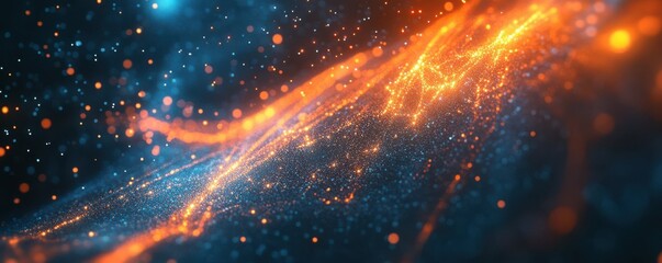 Wall Mural - abstract digital network background banner with glowing light and connecting data dots in blue orang