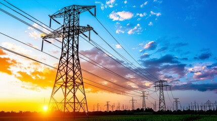 majestic sunset over electric power lines with tower structures and vibrant sky, creating an inspiri