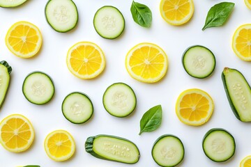 Bright and fresh slices of lemon, cucumber, and basil arranged on a white background